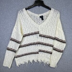 Daytrip Sweater Women's Large Cream Brown Stripe‎ V-Neck Frayed Hem Long Sleeve